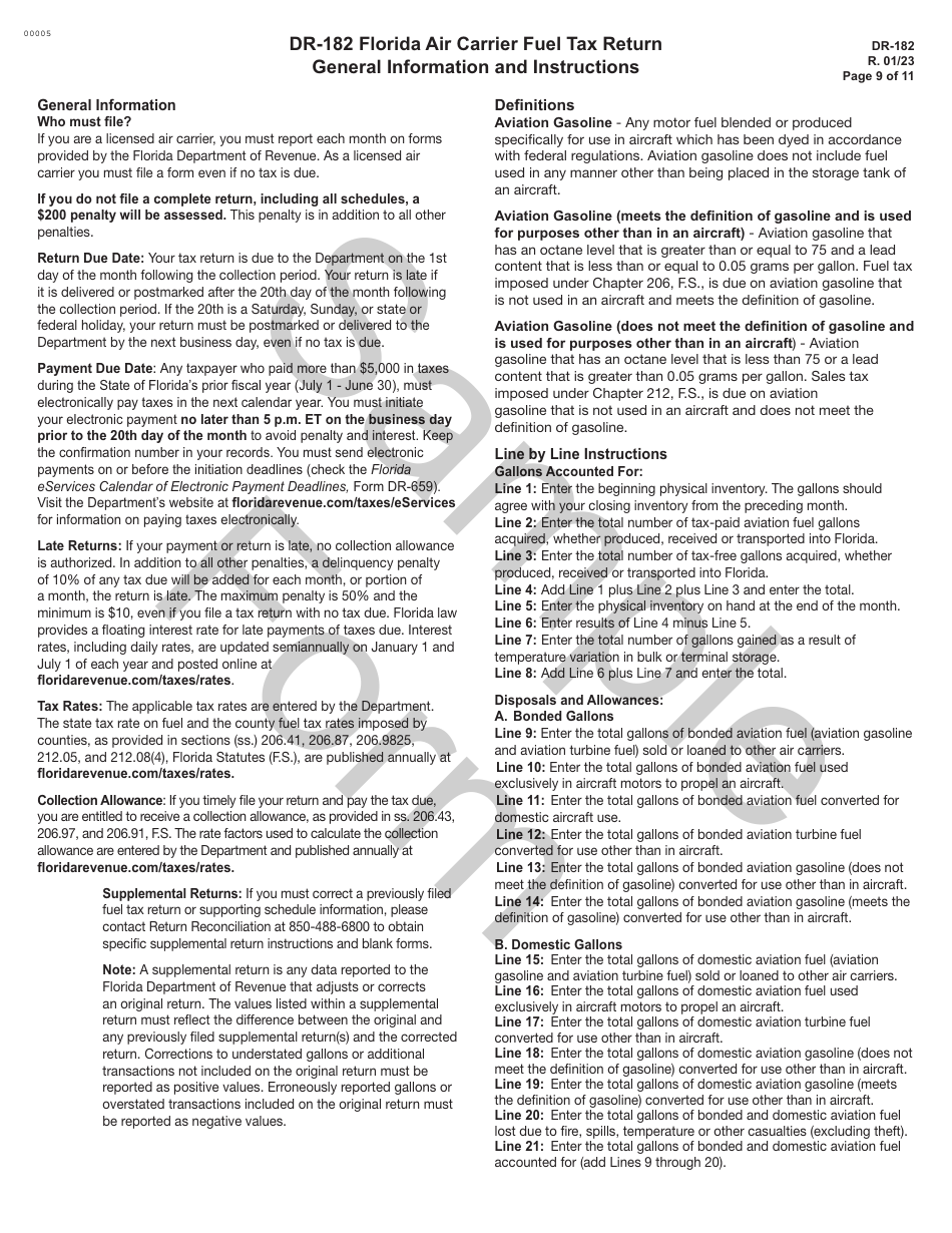 Form DR-182 Florida Air Carrier Fuel Tax Return - Sample - Florida, Page 9