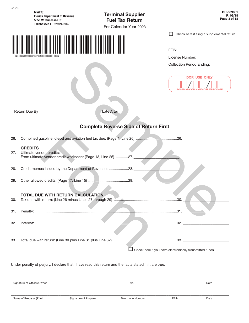 Form DR-309631 Terminal Supplier Fuel Tax Return - Sample - Florida, Page 3
