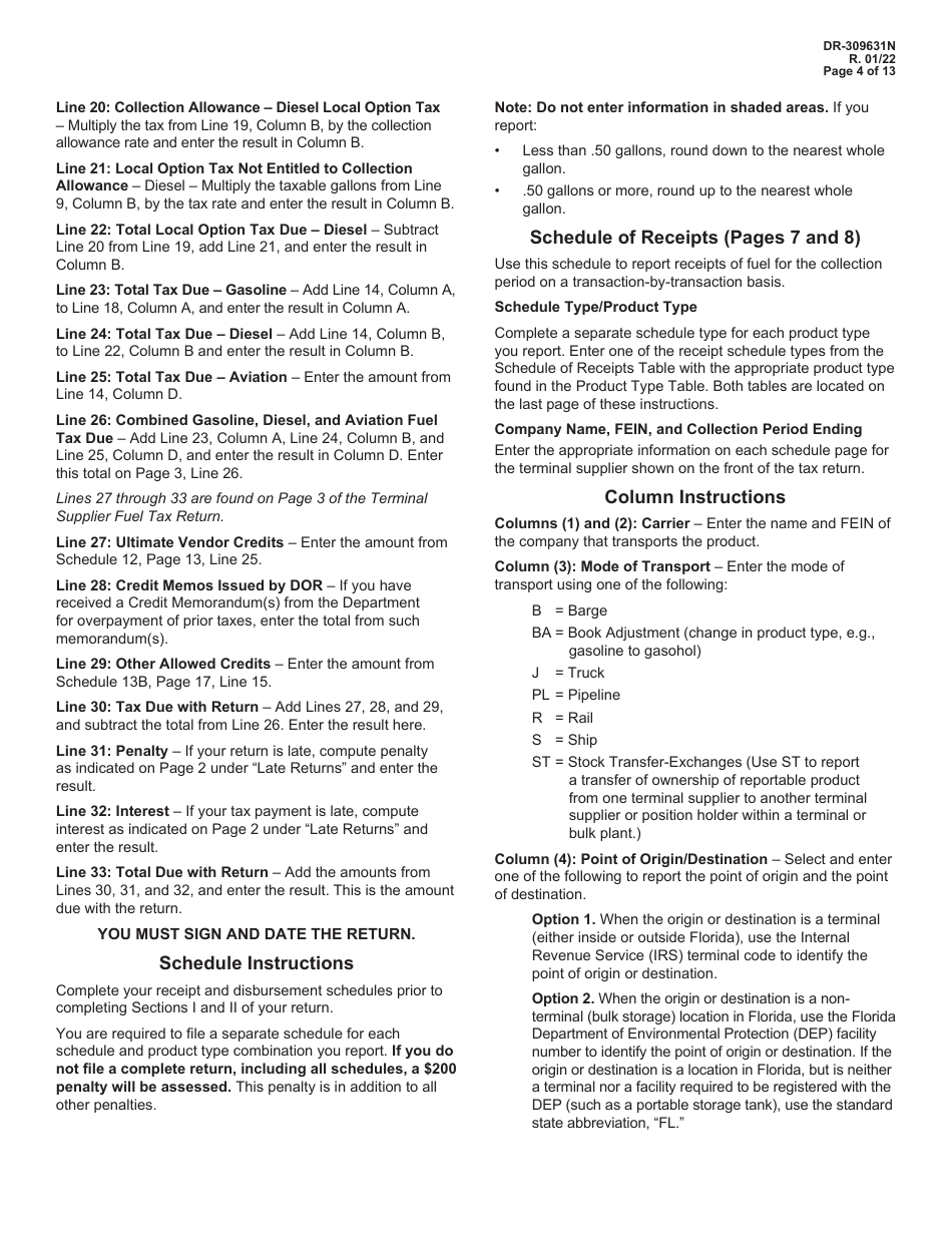Instructions for Form DR-309631 Terminal Supplier Fuel Tax Return - Florida, Page 4