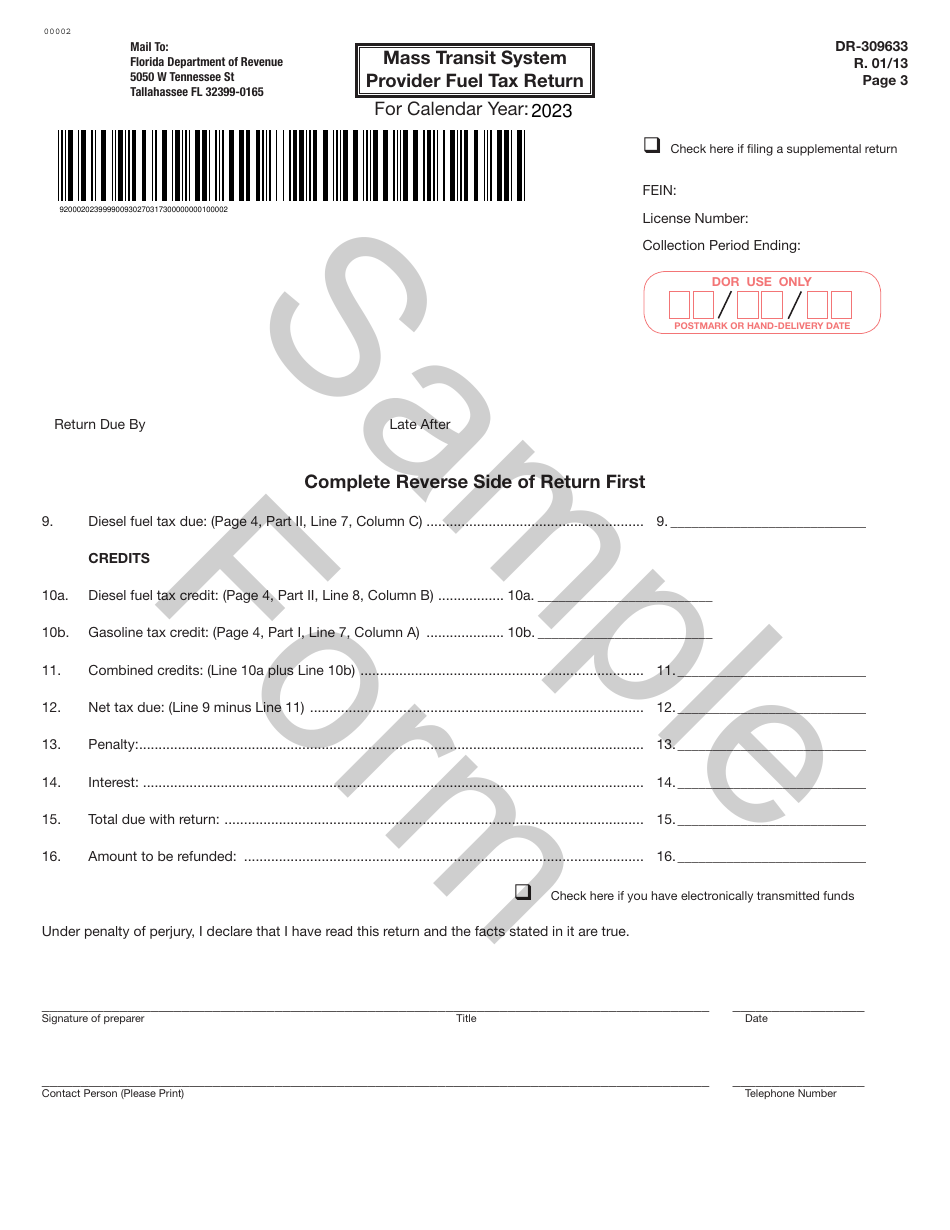 Form DR-309633 Mass Transit System Provider Fuel Tax Return - Sample - Florida, Page 3