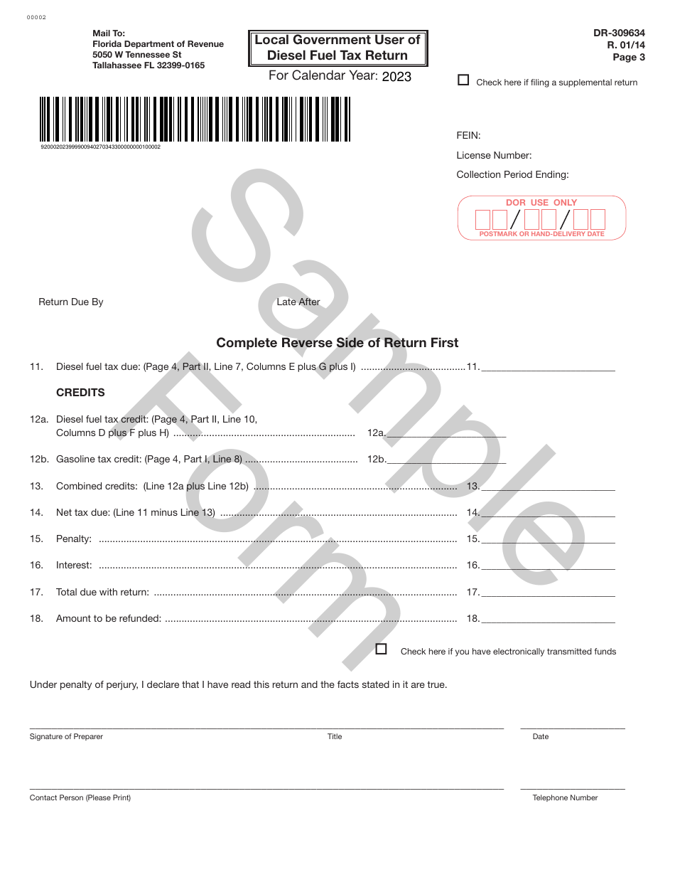 Form DR-309634 Local Government User of Diesel Fuel Tax Return - Sample - Florida, Page 3