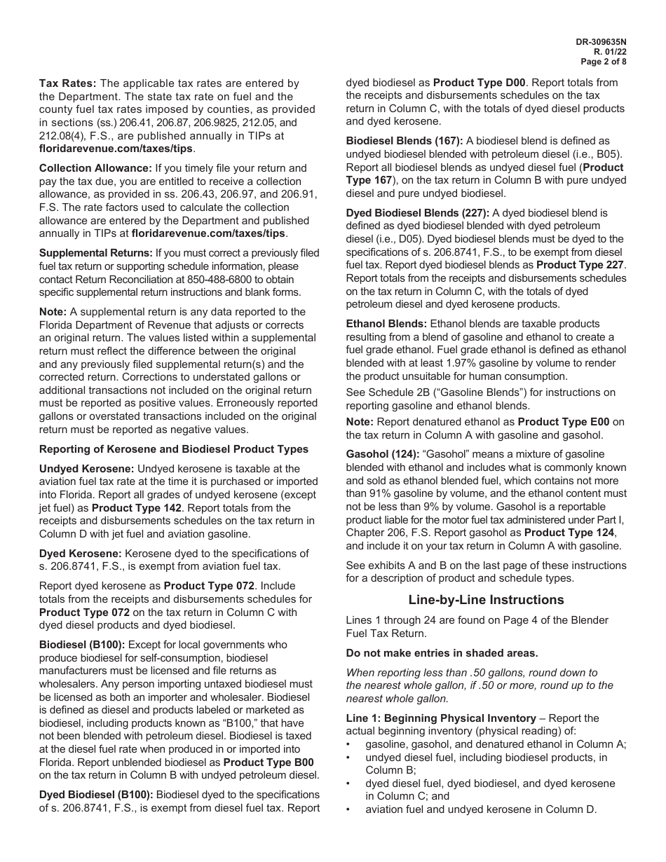 Instructions for Form DR-309635 Blender Fuel Tax Return - Florida, Page 2