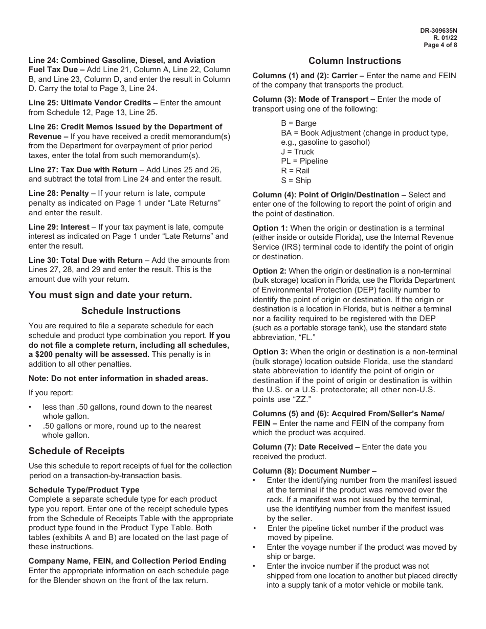 Instructions for Form DR-309635 Blender Fuel Tax Return - Florida, Page 4