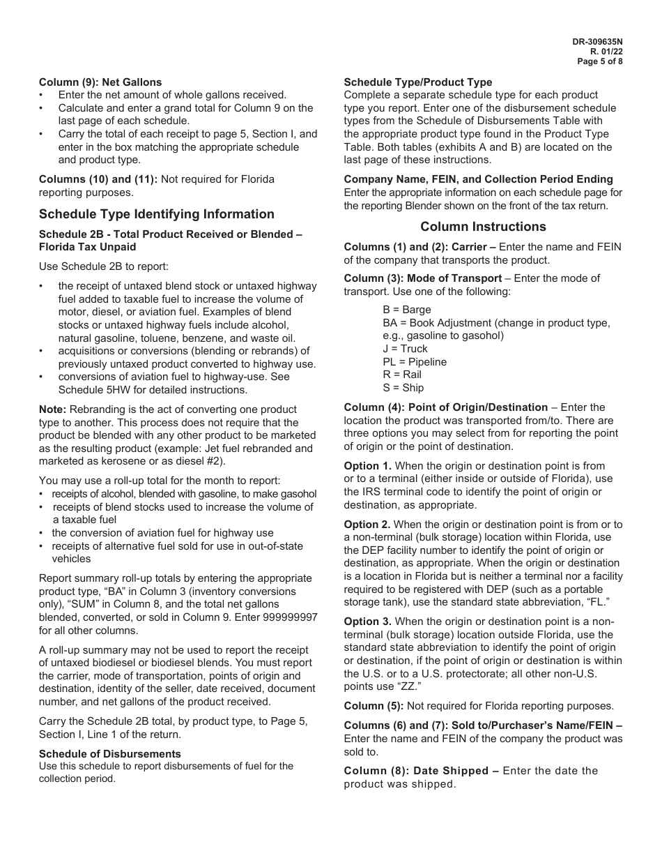 Instructions for Form DR-309635 Blender Fuel Tax Return - Florida, Page 5