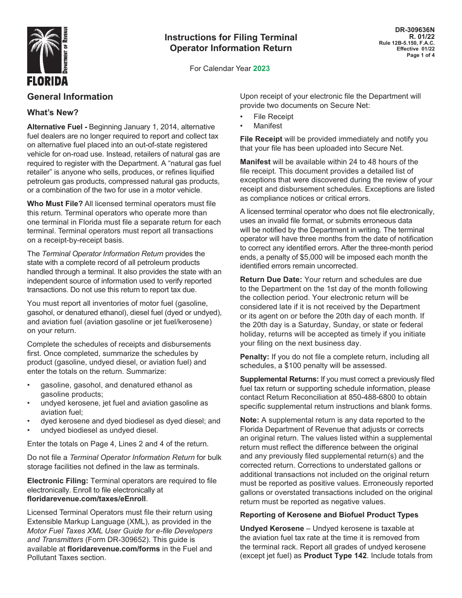 Instructions for Form DR-309636 Terminal Operator Information Return - Florida, Page 1