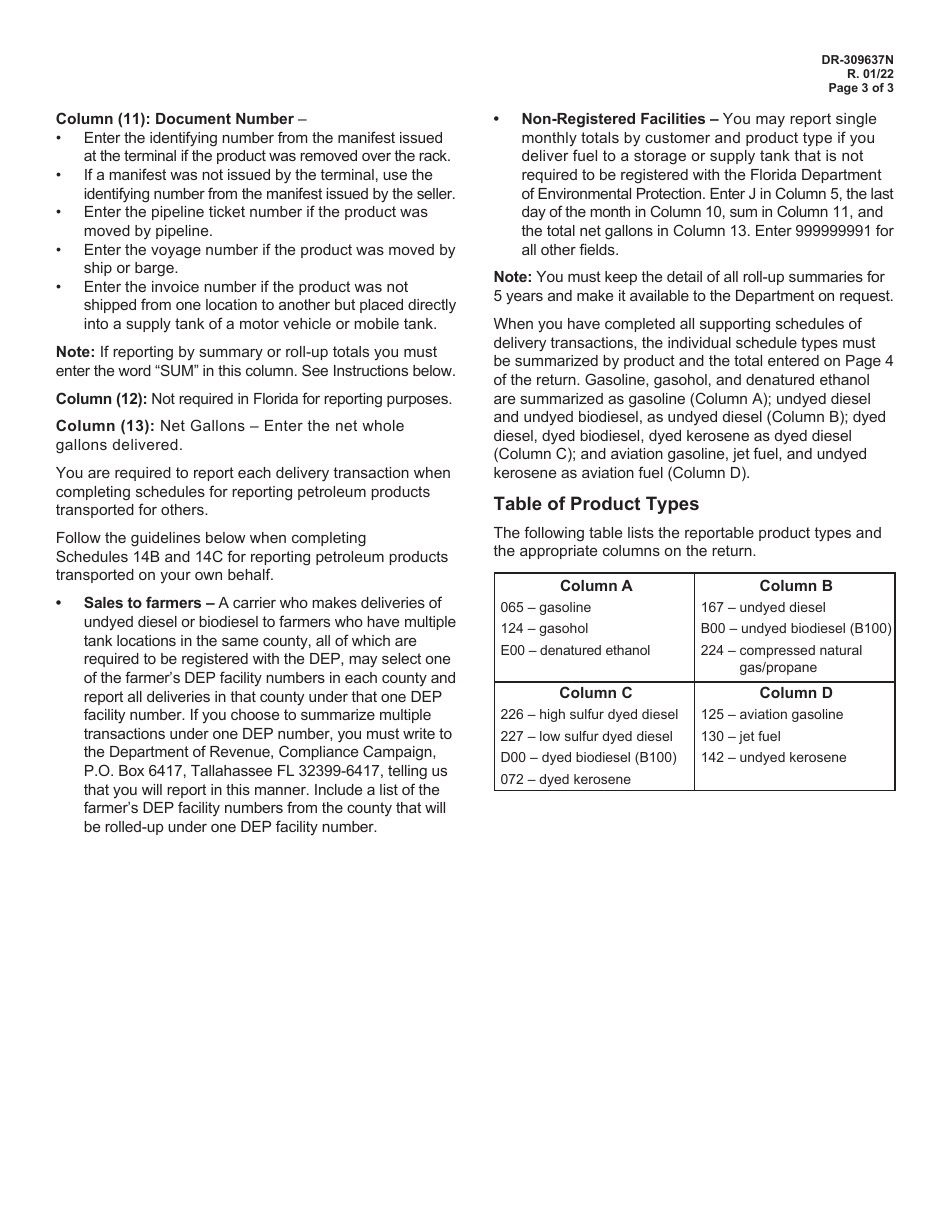 Instructions for Form DR-309637 Petroleum Carrier Information Return - Florida, Page 3