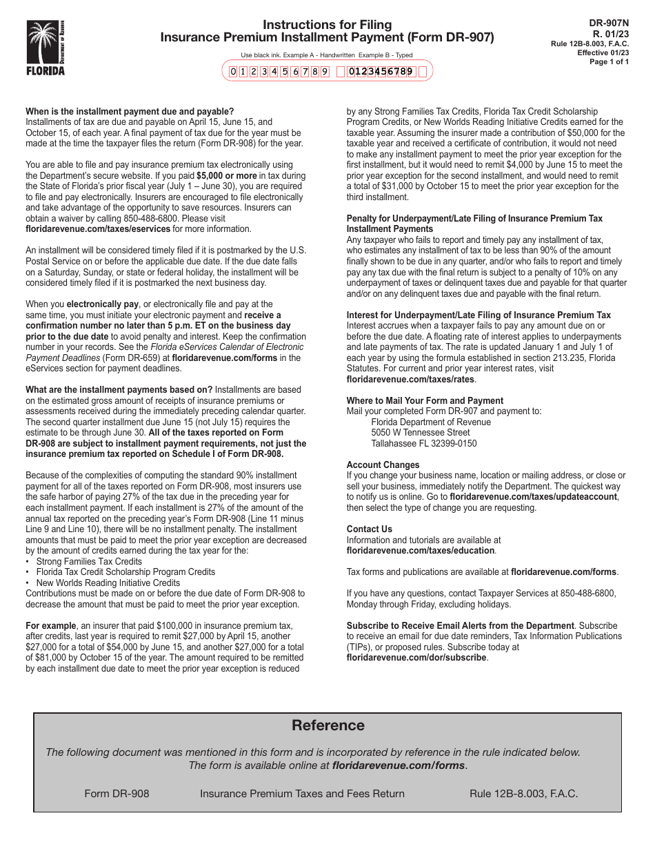 Form DR-907 Insurance Premium Installment Payment - Florida, Page 3