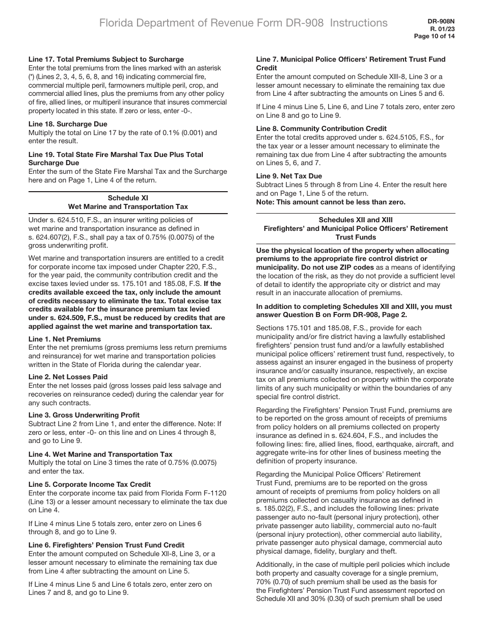 Instructions for Form DR-908 Insurance Premium Taxes and Fees Return - Florida, Page 10
