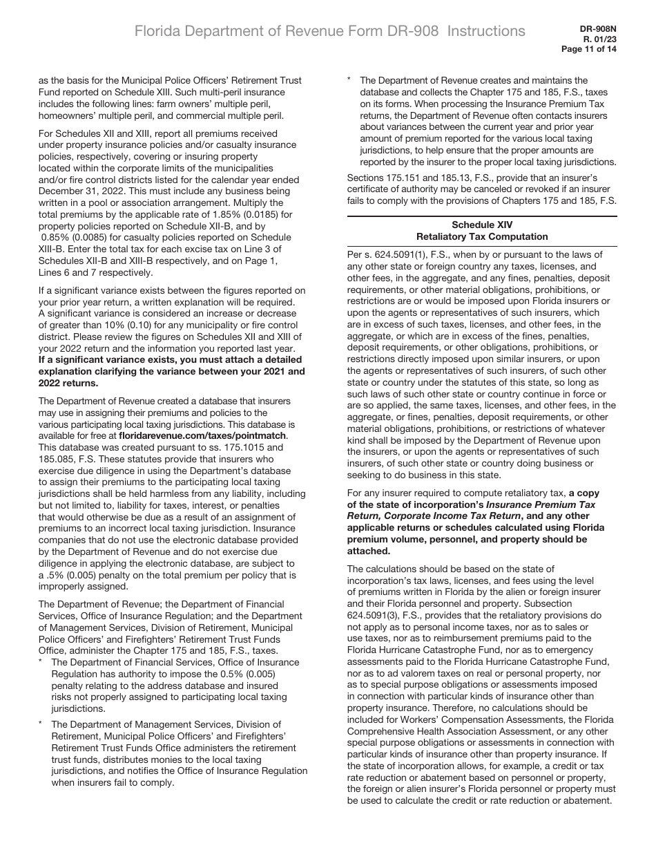 Instructions for Form DR-908 Insurance Premium Taxes and Fees Return - Florida, Page 11