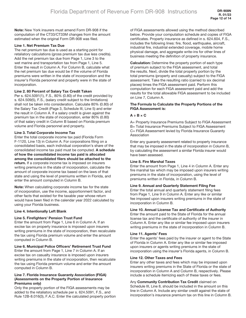Instructions for Form DR-908 Insurance Premium Taxes and Fees Return - Florida, Page 12