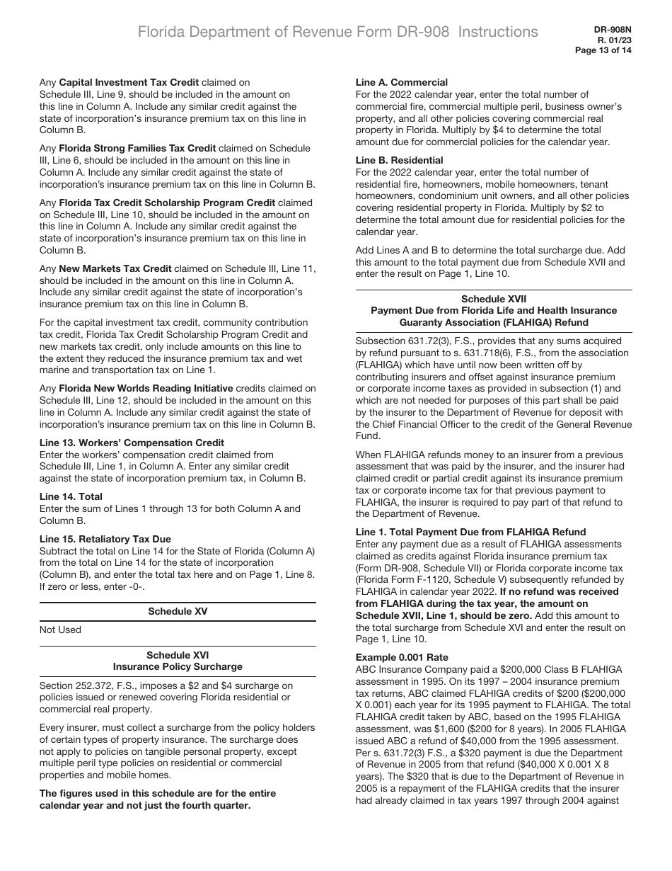 Instructions for Form DR-908 Insurance Premium Taxes and Fees Return - Florida, Page 13
