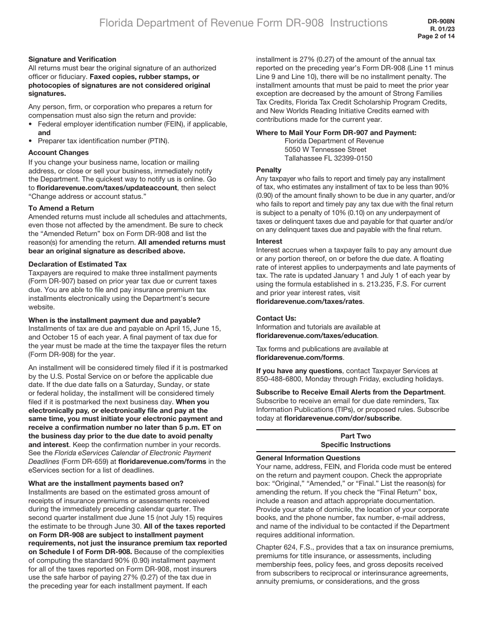 Instructions for Form DR-908 Insurance Premium Taxes and Fees Return - Florida, Page 2