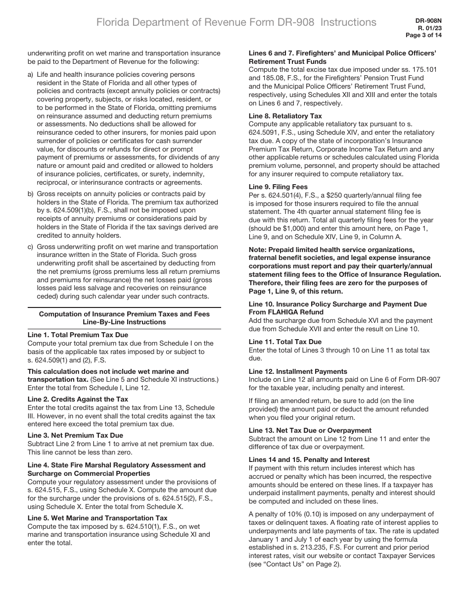 Instructions for Form DR-908 Insurance Premium Taxes and Fees Return - Florida, Page 3