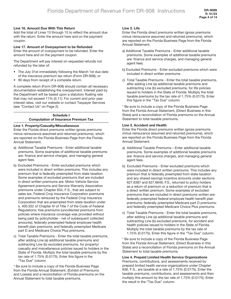 Instructions for Form DR-908 Insurance Premium Taxes and Fees Return - Florida, Page 4