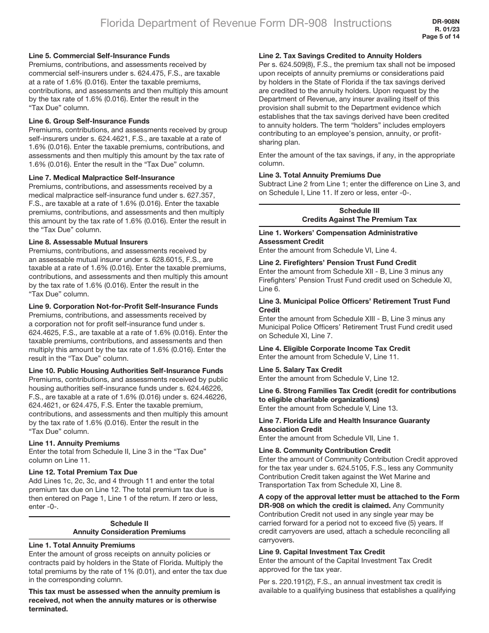 Instructions for Form DR-908 Insurance Premium Taxes and Fees Return - Florida, Page 5