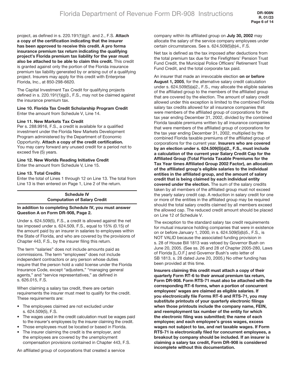 Instructions for Form DR-908 Insurance Premium Taxes and Fees Return - Florida, Page 6