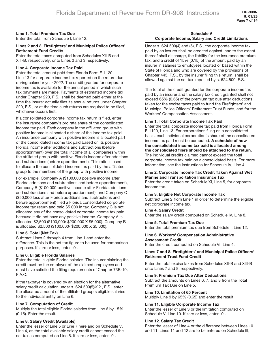 Instructions for Form DR-908 Insurance Premium Taxes and Fees Return - Florida, Page 7