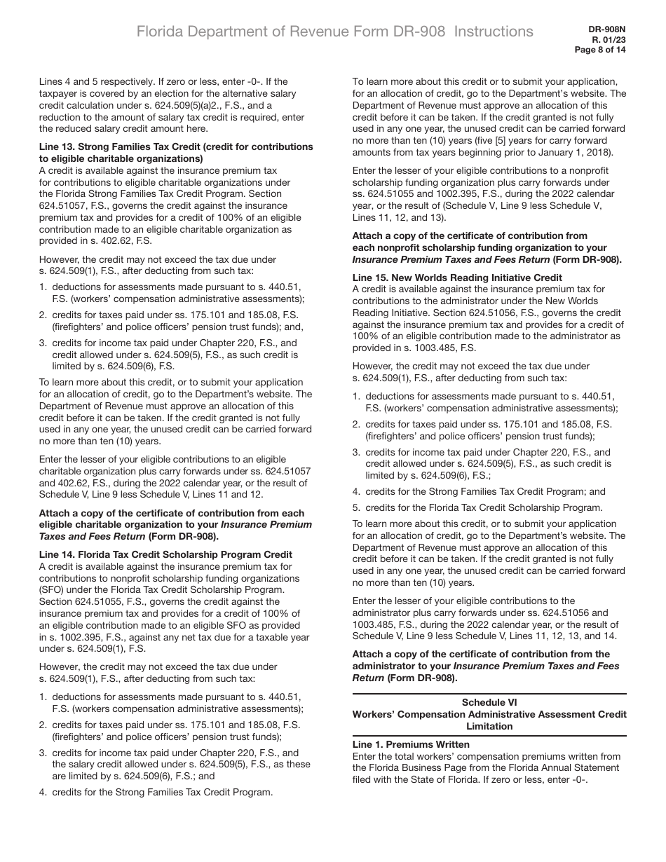 Instructions for Form DR-908 Insurance Premium Taxes and Fees Return - Florida, Page 8