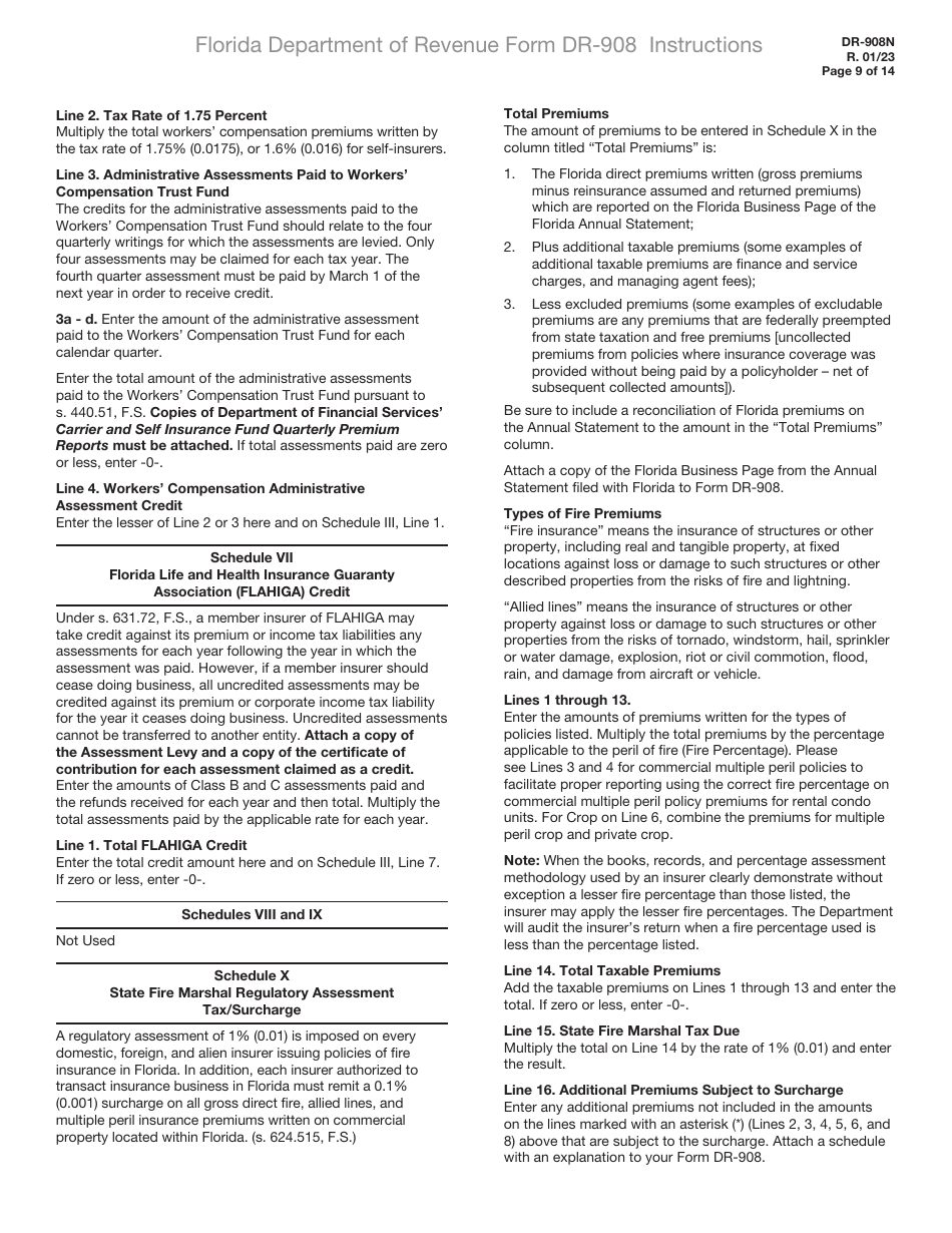 Instructions for Form DR-908 Insurance Premium Taxes and Fees Return - Florida, Page 9