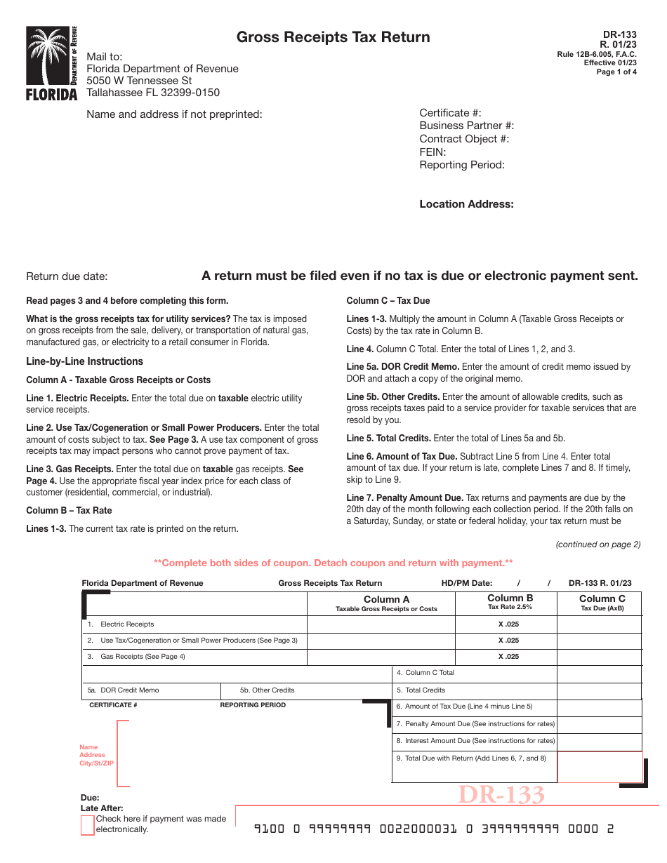 Form DR-133 Gross Receipts Tax Return - Florida, Page 1