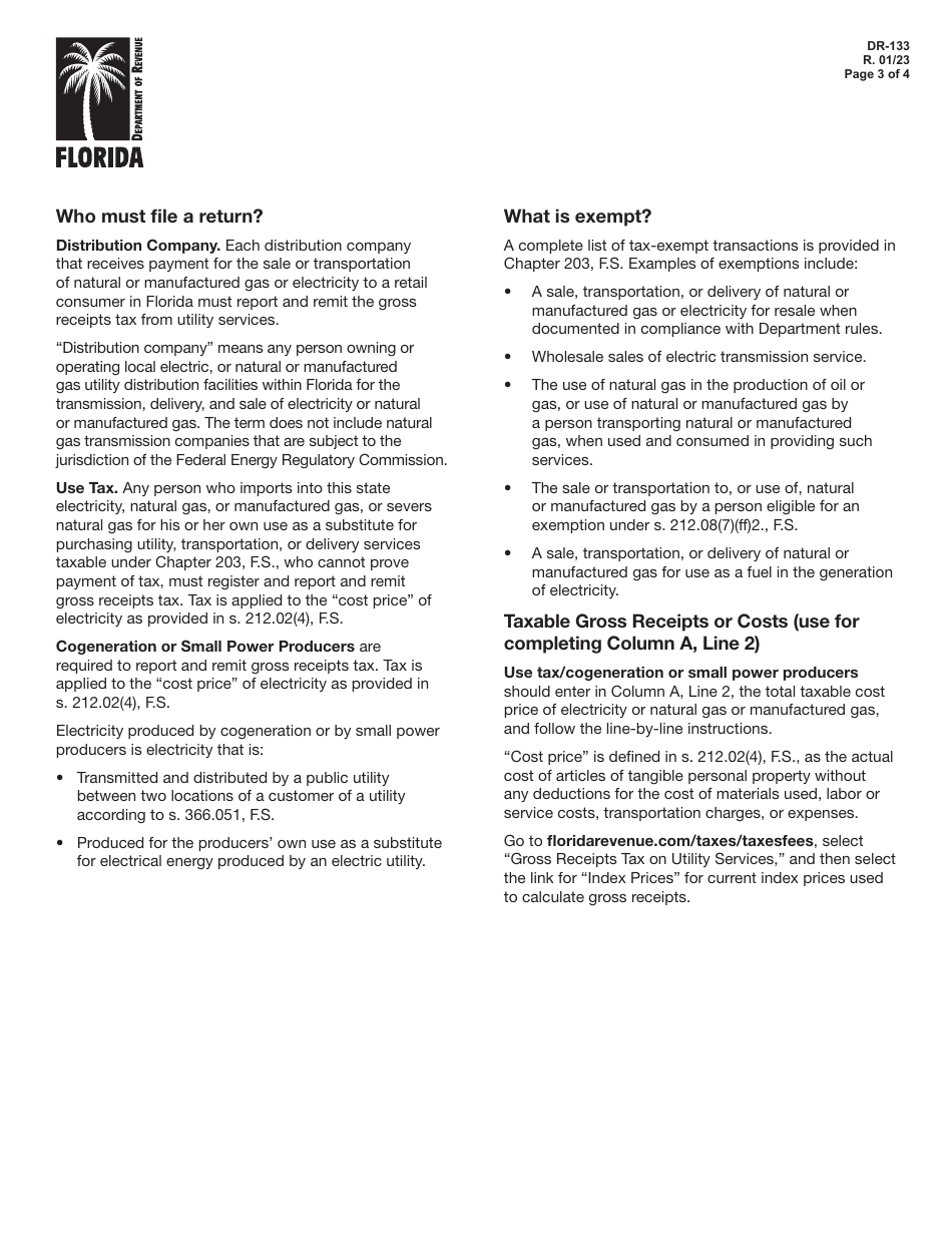 Form DR-133 Gross Receipts Tax Return - Florida, Page 3