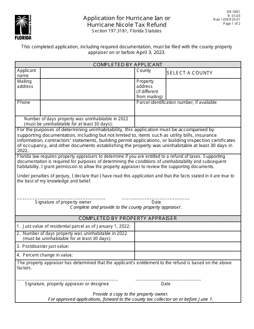 Form DR-5001 Application for Hurricane Ian or Hurricane Nicole Tax Refund - Florida, 2023