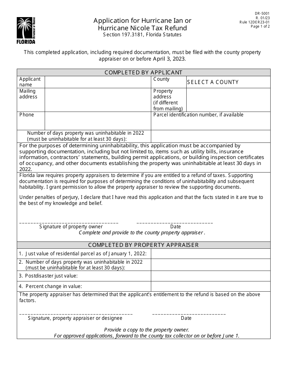 Form DR-5001 Application for Hurricane Ian or Hurricane Nicole Tax Refund - Florida, Page 1