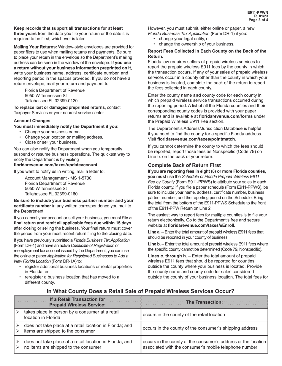 Instructions for Form E911-PPW Florida Prepaid Wireless E911 Fee Return - Florida, Page 3