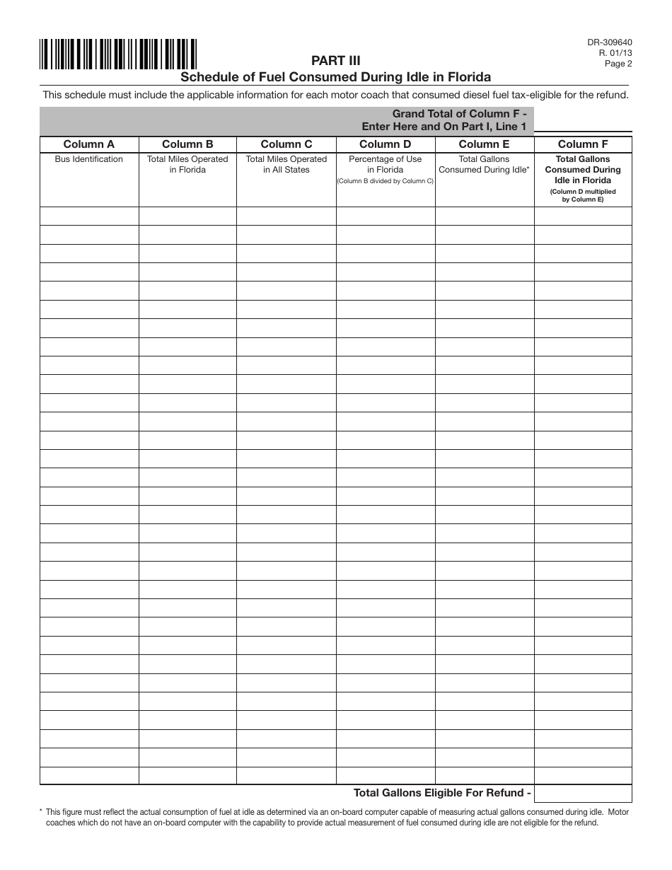 Form DR-309640 Application for Refund of Tax Paid on Undyed Diesel Consumed by Motor Coaches During Idle Time in Florida - Florida, Page 2