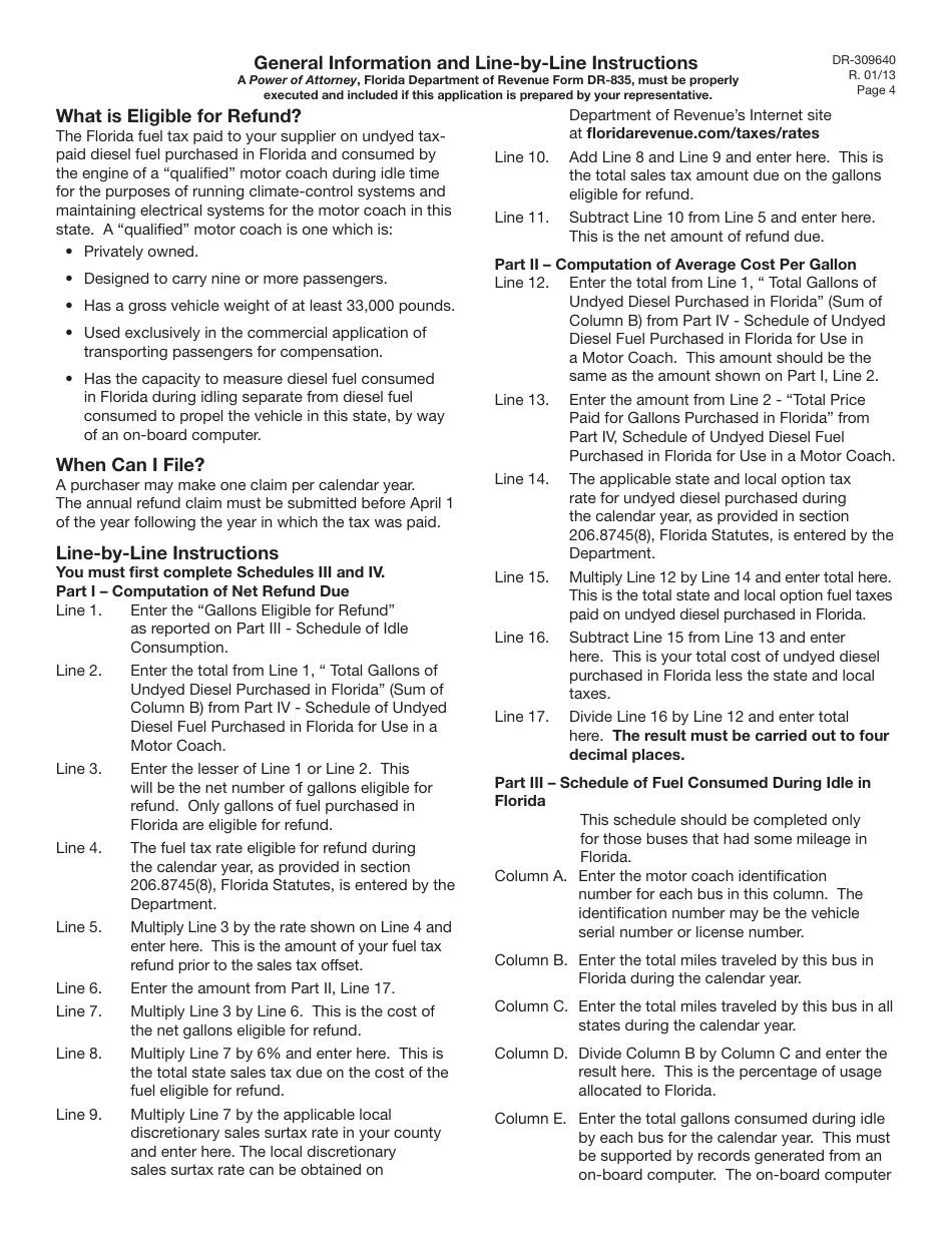 Form DR-309640 Application for Refund of Tax Paid on Undyed Diesel Consumed by Motor Coaches During Idle Time in Florida - Florida, Page 4