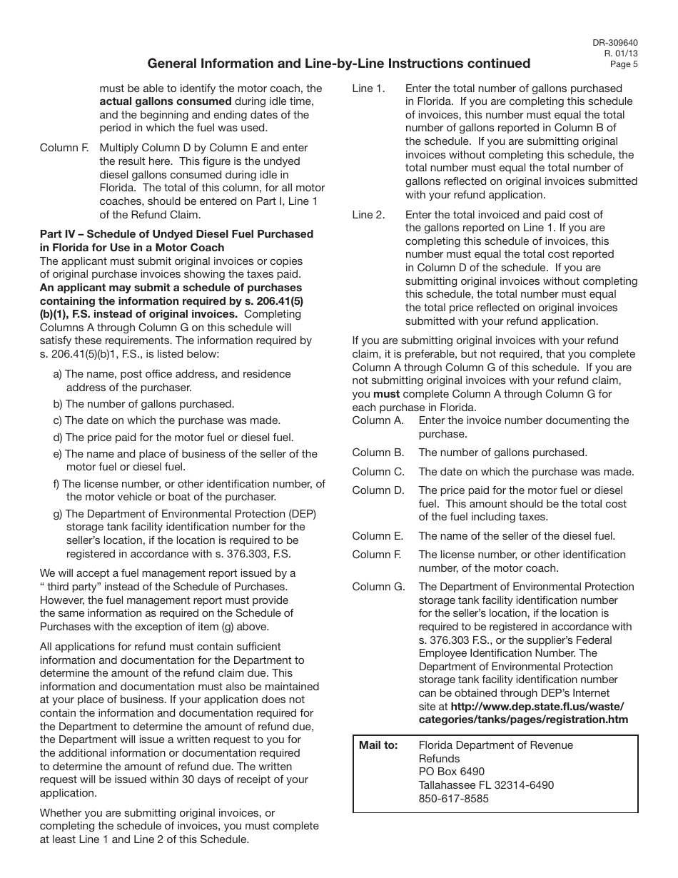 Form DR-309640 Application for Refund of Tax Paid on Undyed Diesel Consumed by Motor Coaches During Idle Time in Florida - Florida, Page 5