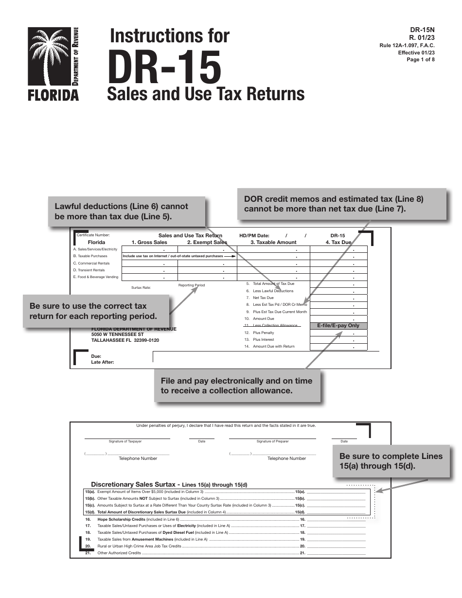 Instructions for Form DR-15 Sales and Use Tax Return - Florida, Page 1