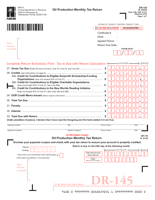 Form DR-145 Oil Production Monthly Tax Return - Florida