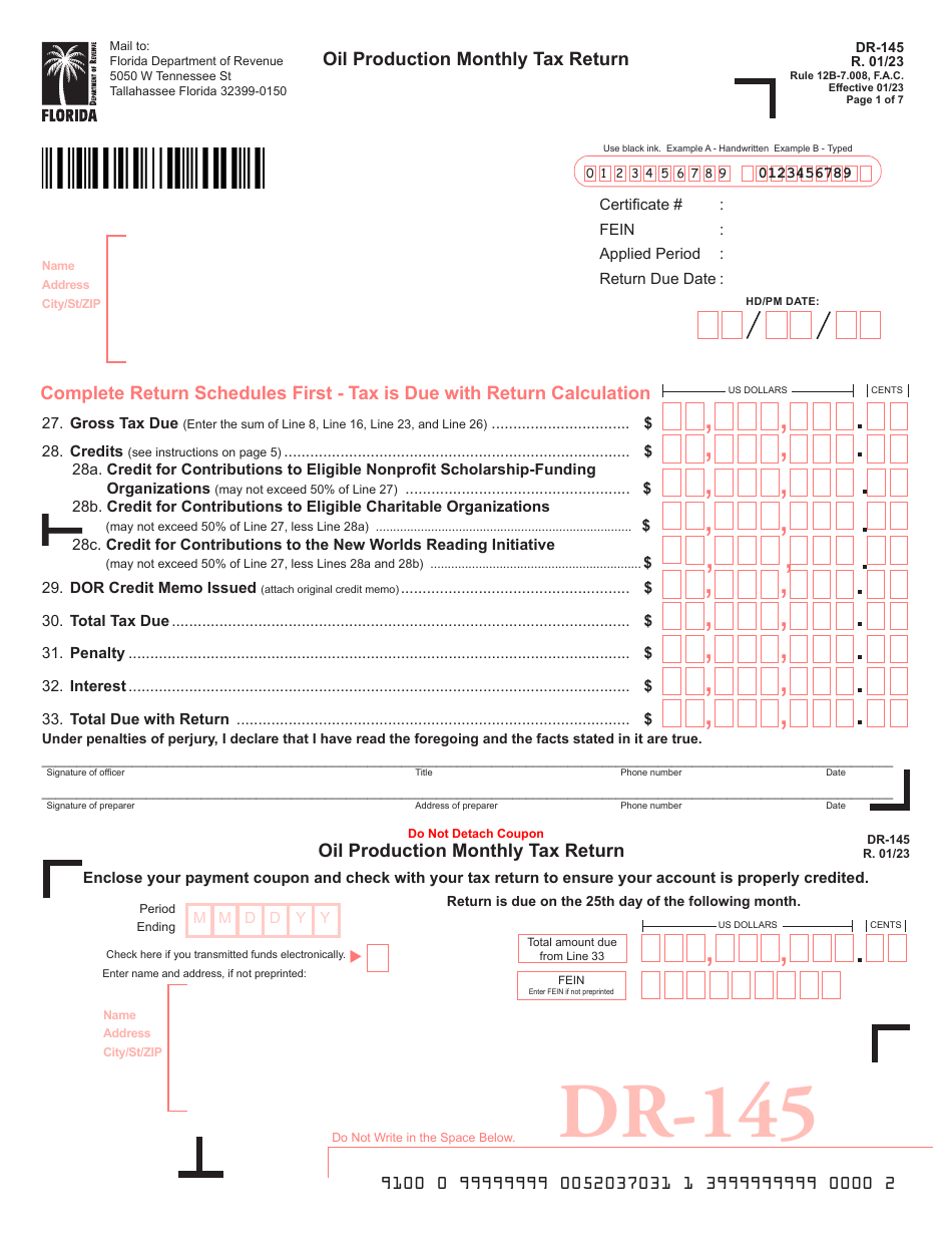 Form DR-145 Oil Production Monthly Tax Return - Florida, Page 1