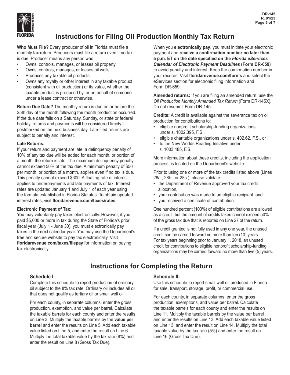 Form DR-145 Oil Production Monthly Tax Return - Florida, Page 5