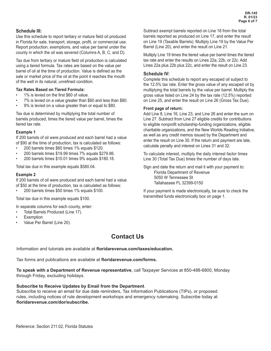 Form DR-145 Oil Production Monthly Tax Return - Florida, Page 6
