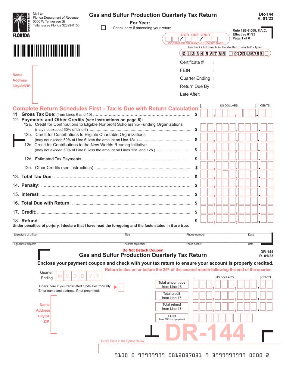 Form DR-144 Gas and Sulfur Production Quarterly Tax Return - Florida, Page 1