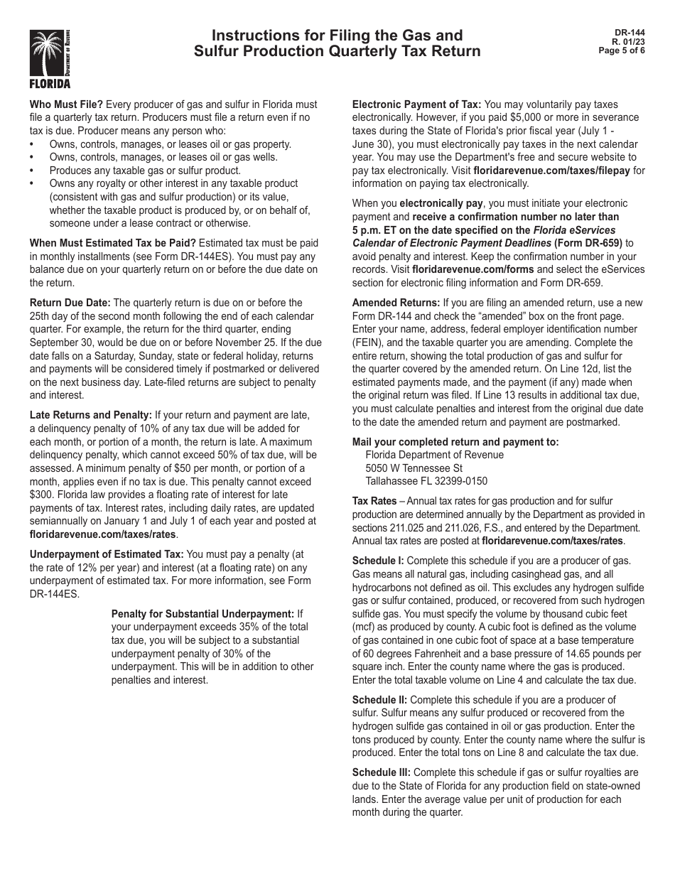 Form DR-144 Gas and Sulfur Production Quarterly Tax Return - Florida, Page 5