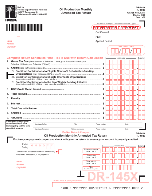 Form DR-145X Oil Production Monthly Amended Tax Return - Florida