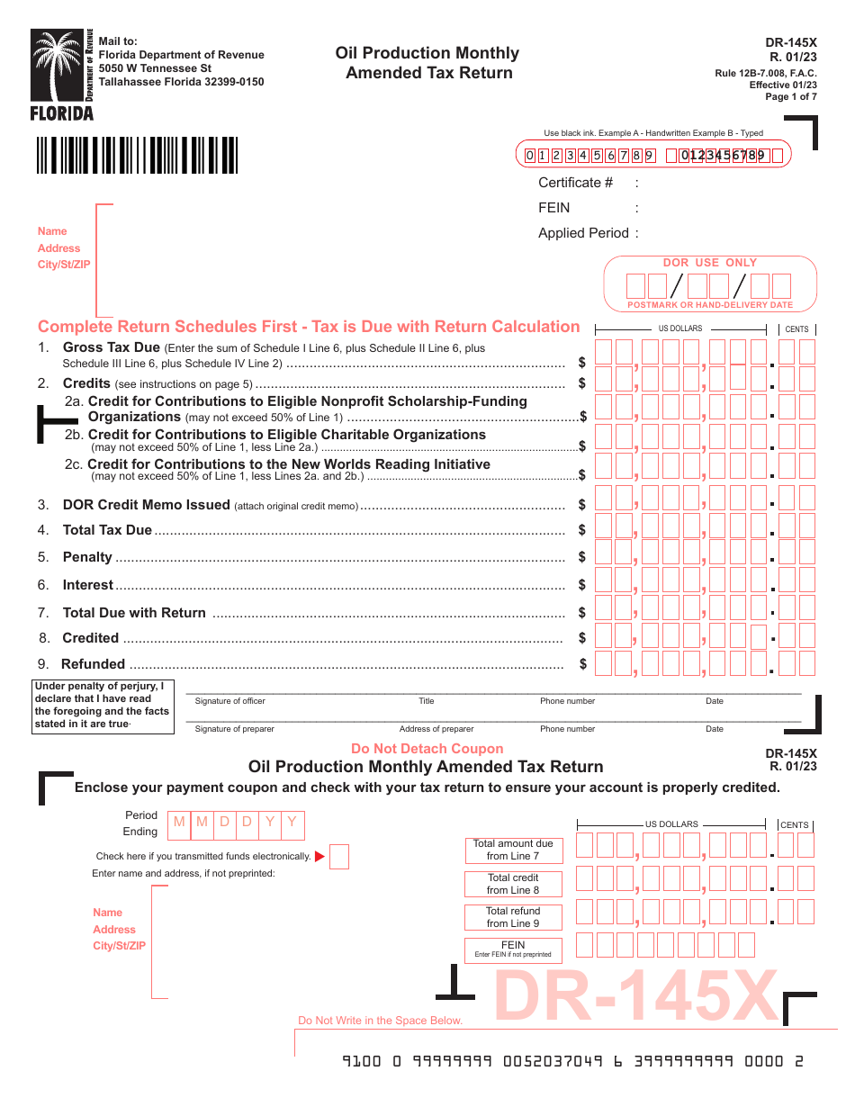 Form DR-145X Oil Production Monthly Amended Tax Return - Florida, Page 1