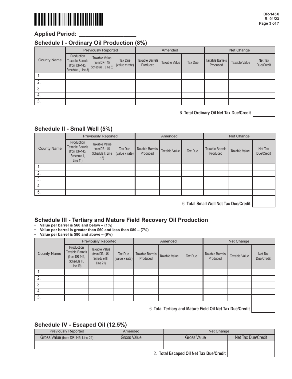Form DR-145X Oil Production Monthly Amended Tax Return - Florida, Page 3
