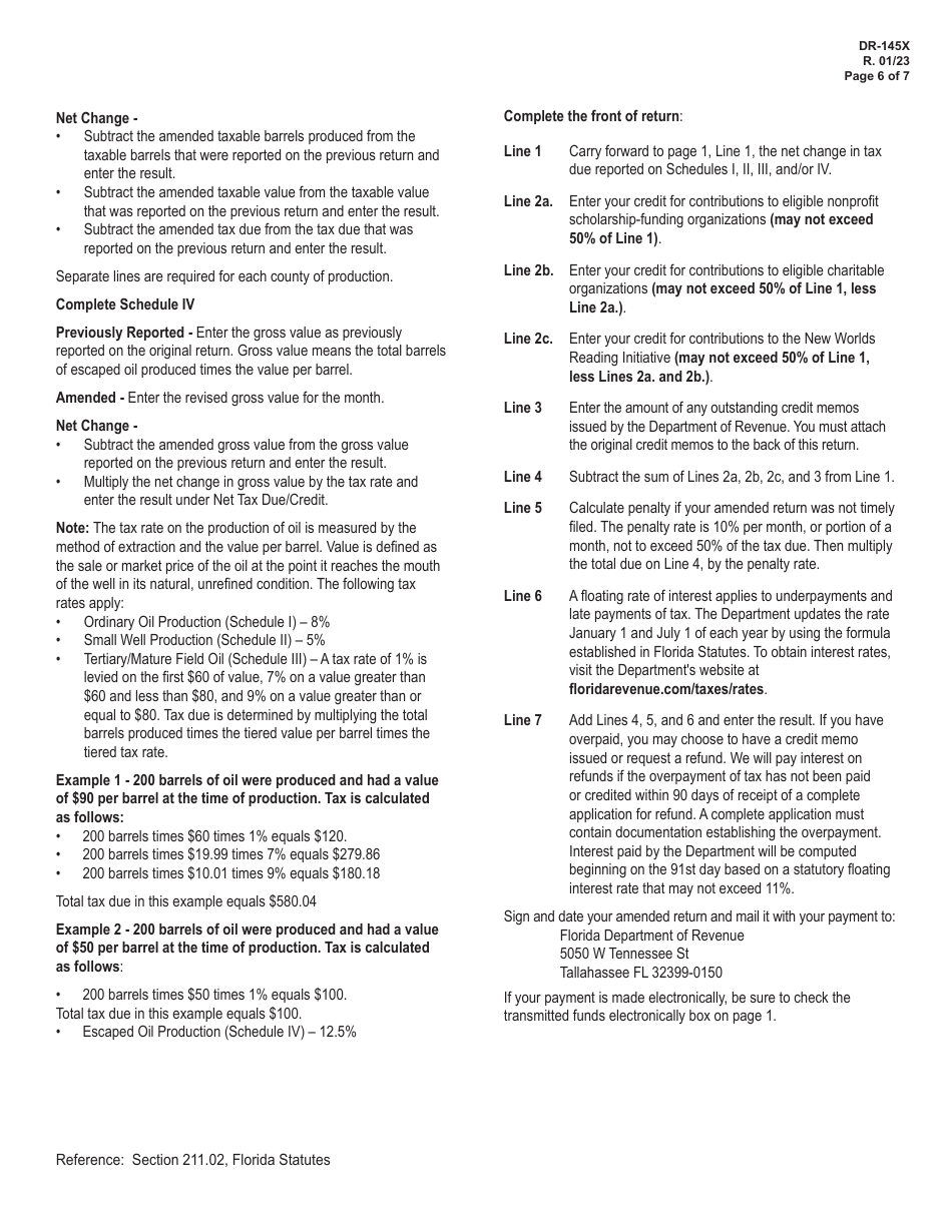 Form DR-145X Oil Production Monthly Amended Tax Return - Florida, Page 6