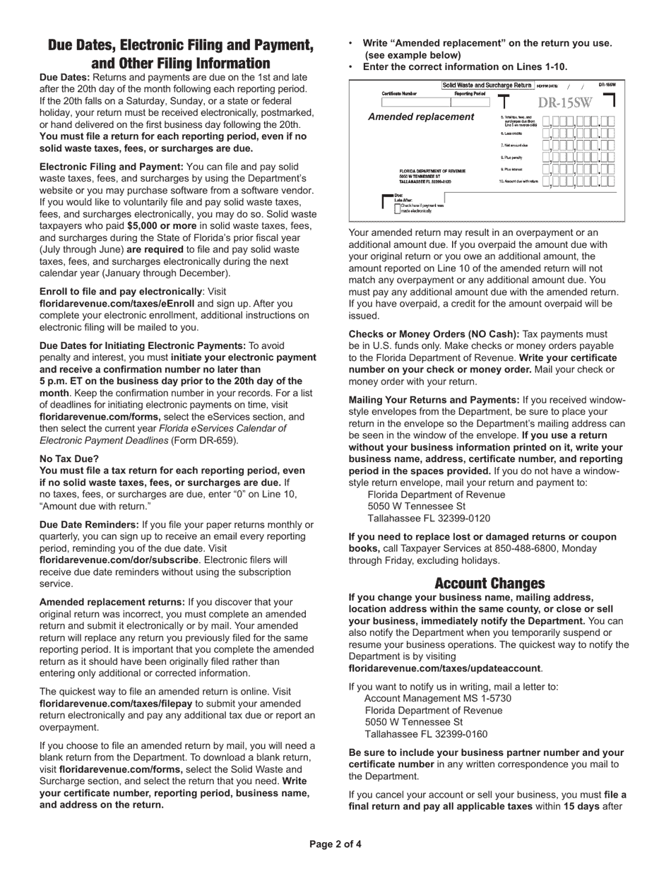 Instructions for Form DR-15SW Solid Waste and Surcharge Return - Florida, Page 2