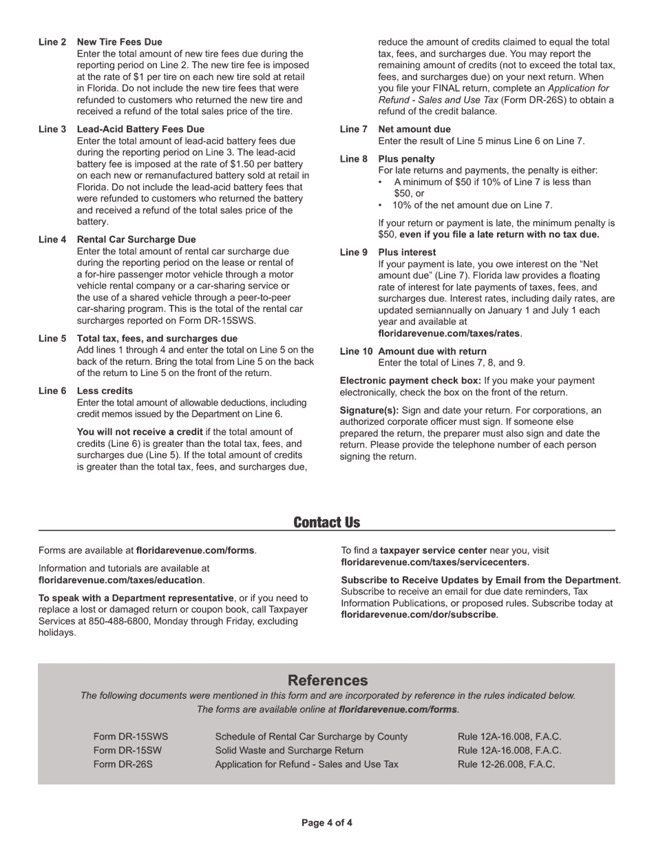 Instructions for Form DR-15SW Solid Waste and Surcharge Return - Florida, Page 4