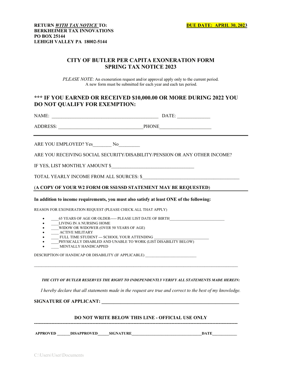 City of Butler Per Capita Exoneration Form - Pennsylvania, Page 1