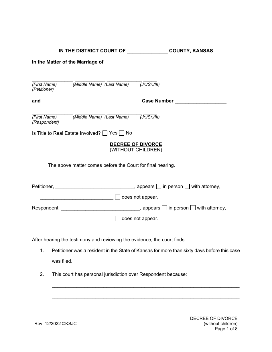 Kansas Decree of Divorce (Without Children) - Fill Out, Sign Online and ...
