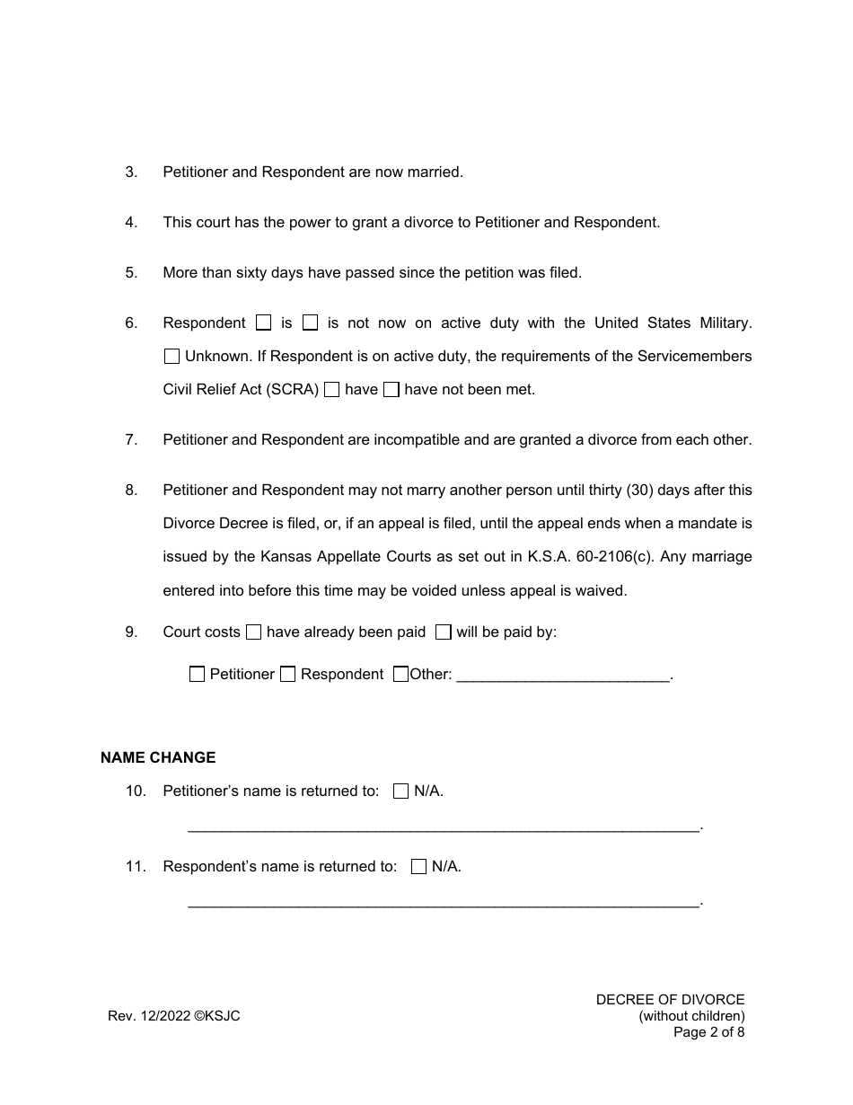 Decree of Divorce (Without Children) - Kansas, Page 2