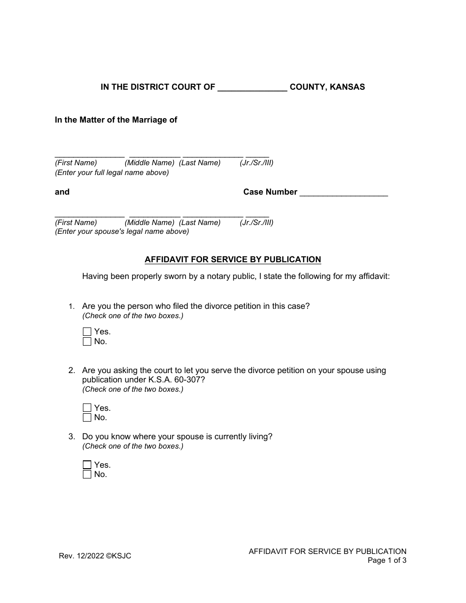 Affidavit for Service by Publication - Kansas, Page 1