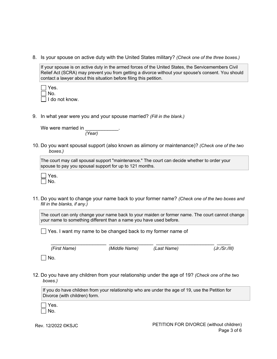 Petition for Divorce (Without Children) - Kansas, Page 3