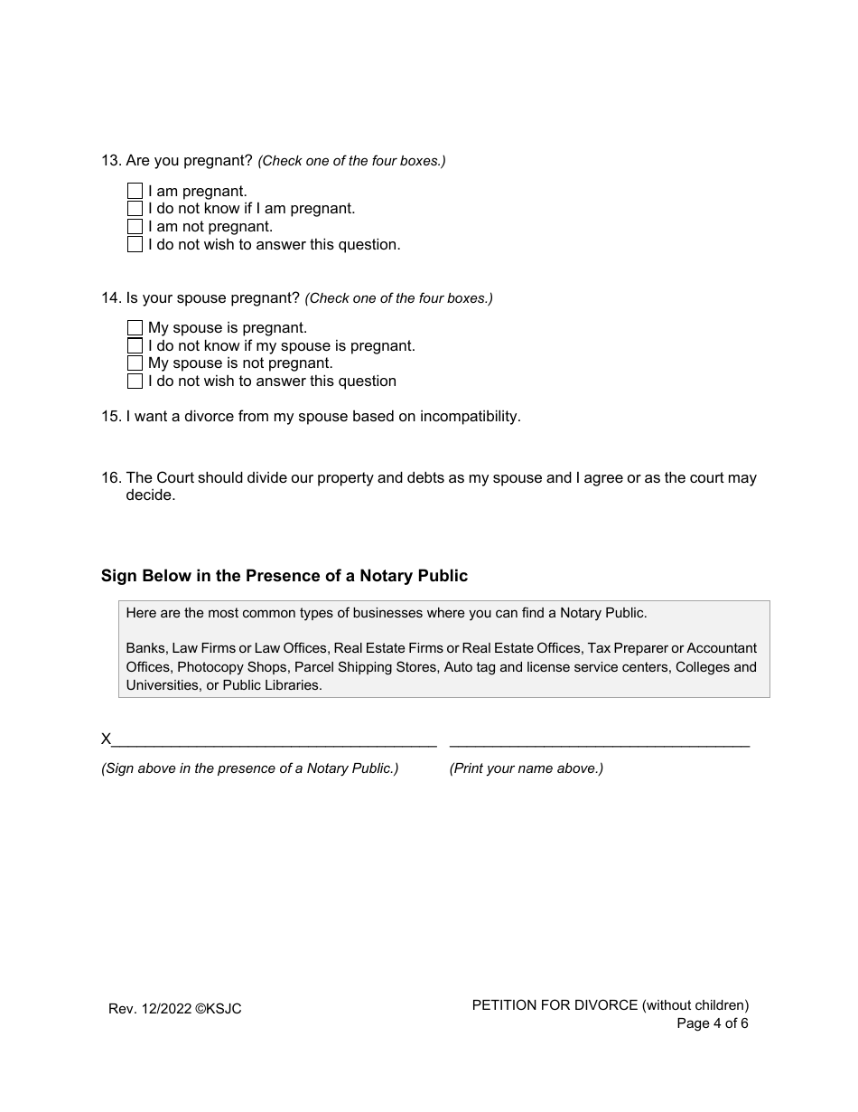 Petition for Divorce (Without Children) - Kansas, Page 4